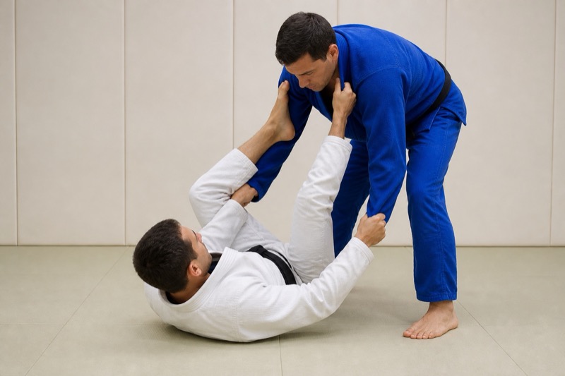 The bottom player grips the standing opponent's collar and sleeve with feet on the biceps.