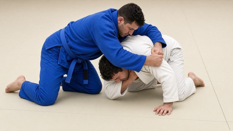The top player wraps an arm around the opponent's head and arm in a standing front headlock.