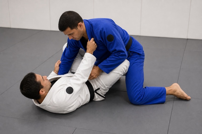 The top player slices a knee across the bottom player's thigh to pass the guard.