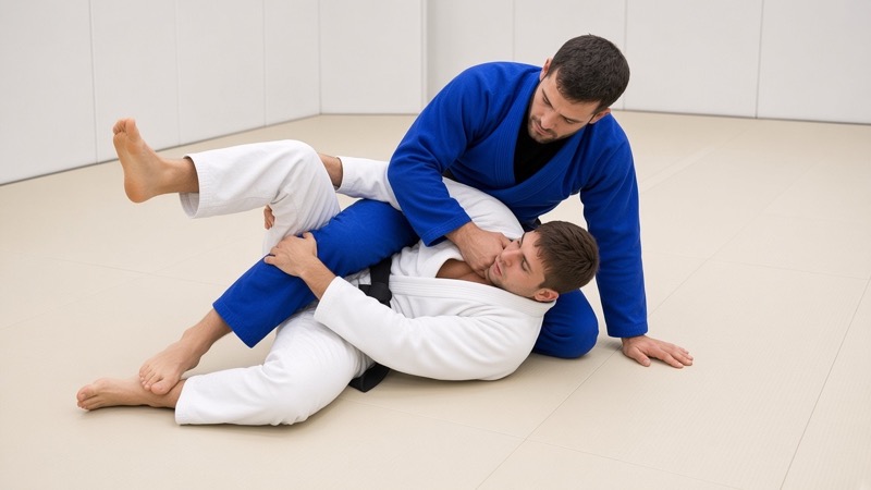 The bottom player is on their side with a K-shaped wrap around the kneeling opponent's hip.