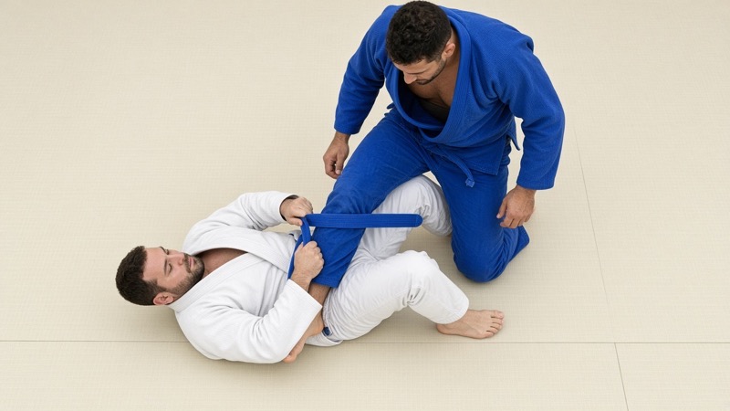 The bottom player wraps a long gi lapel around the kneeling opponent's leg.