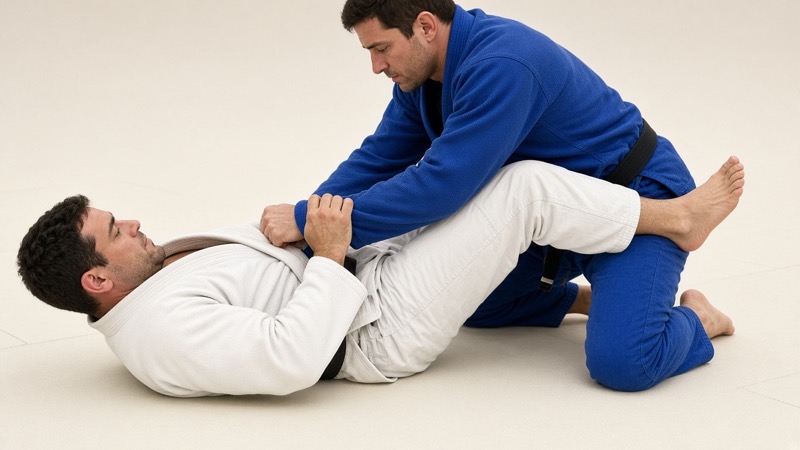 The bottom player wraps one of the standing opponent's arms with a lasso hook while holding the sleeve.
