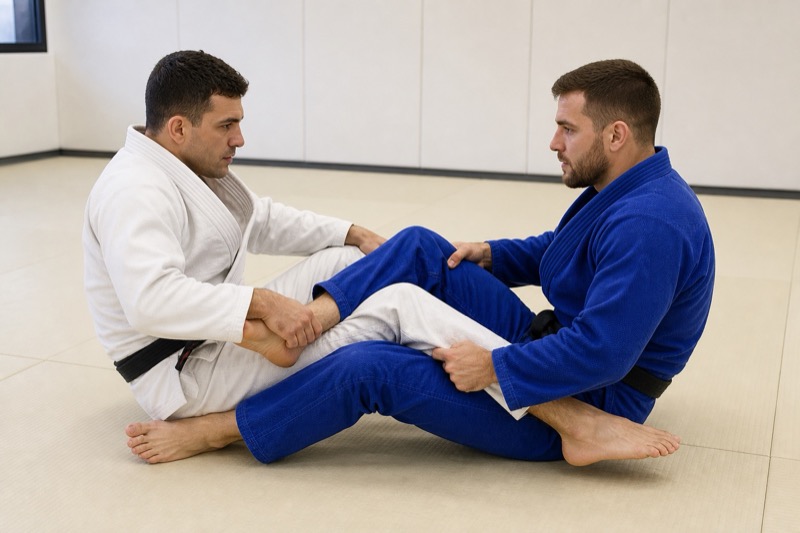 Two seated grapplers face each other with their legs intertwined in a 50-50 entanglement.