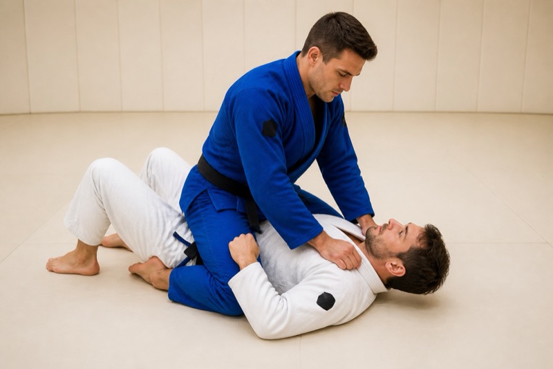 The top player sits on the bottom player's torso, facing the head, in mount.