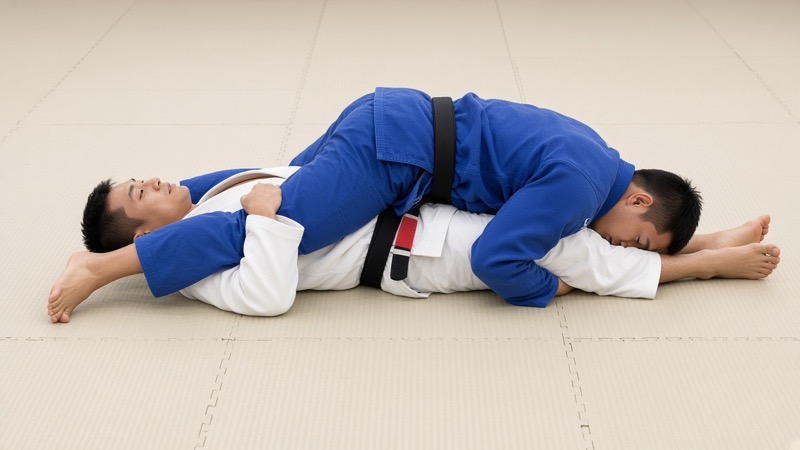 The top player lies inverted over the bottom player, head toward the hips, in north-south.