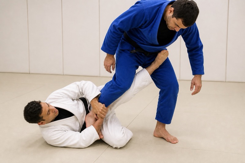 The bottom player attacks one elevated leg of a standing opponent in single-leg X.