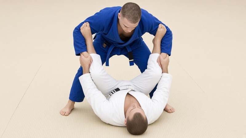 The bottom player puts both feet on the standing opponent's biceps and holds the sleeves in spider guard.