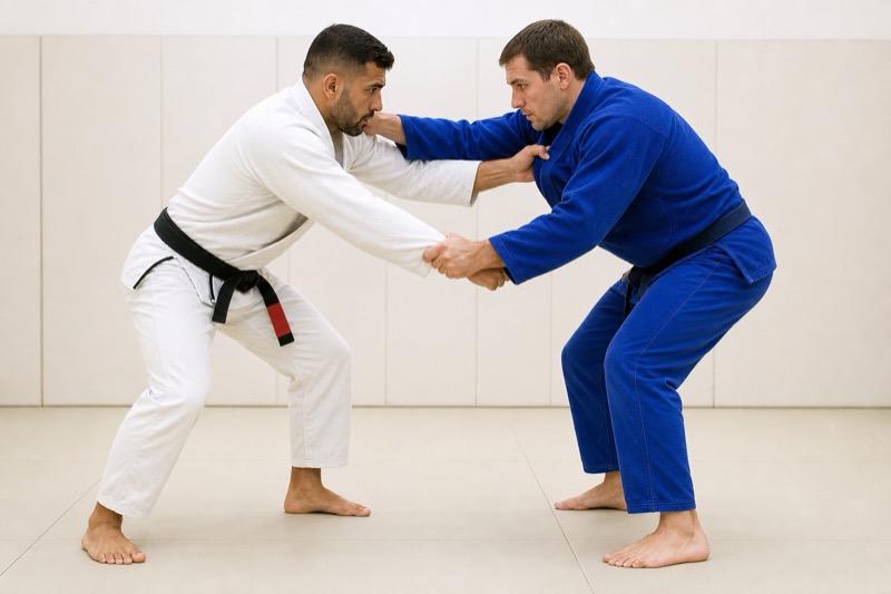 Two grapplers on their feet in gis, fighting for collar and sleeve grips.