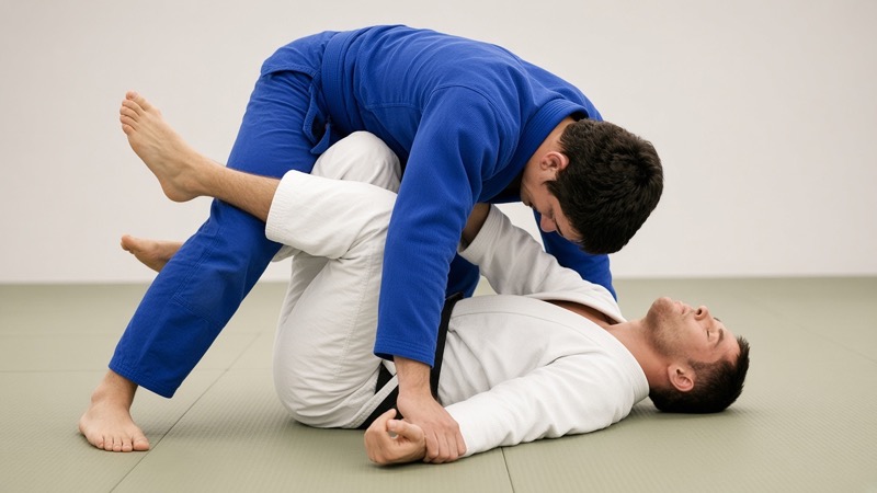 The bottom player is underneath a standing opponent with their legs crossed in X-guard.